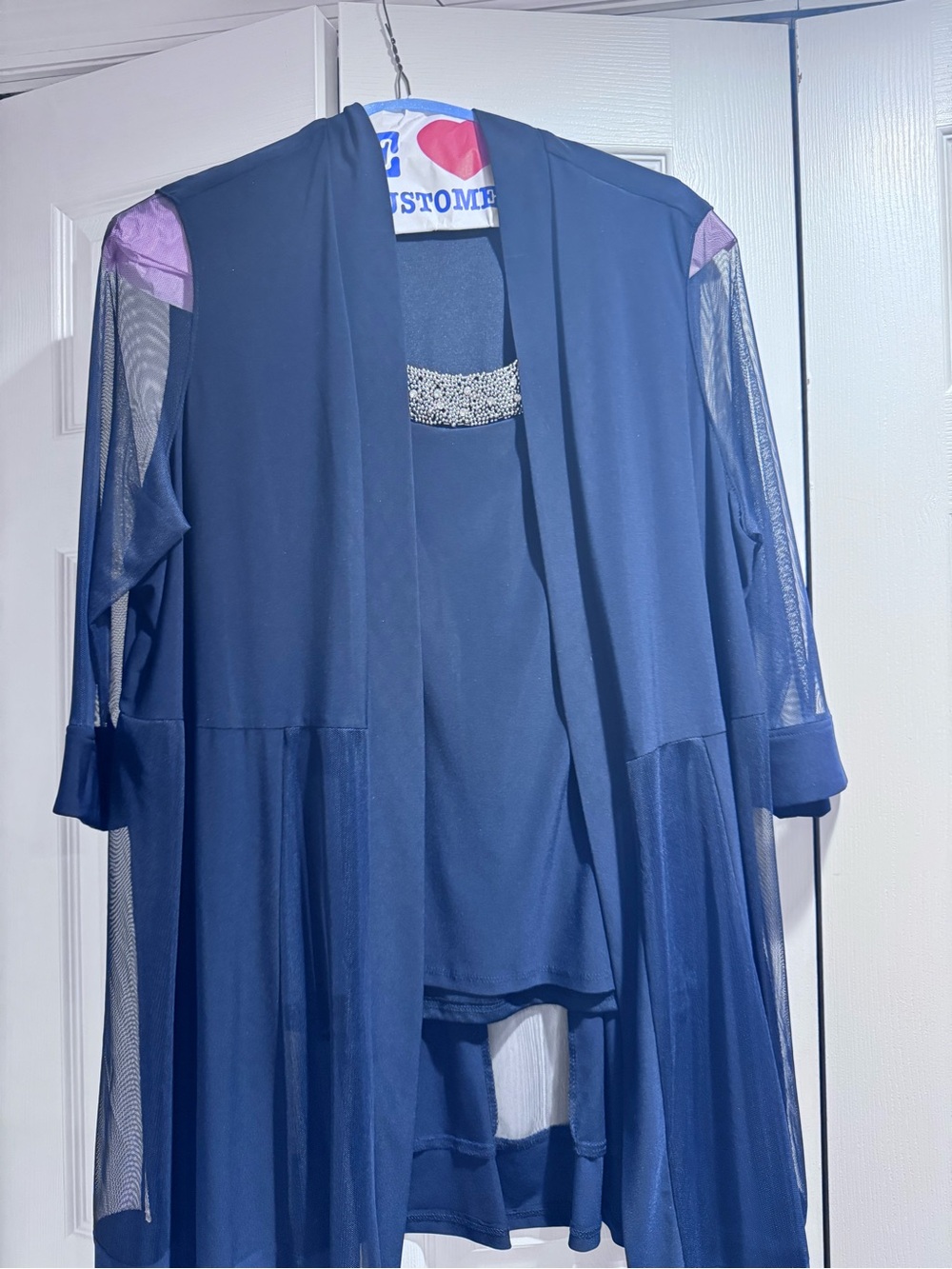 R & M Richards Navy Blue 2-Piece Pantsuit with Sheer Overlay